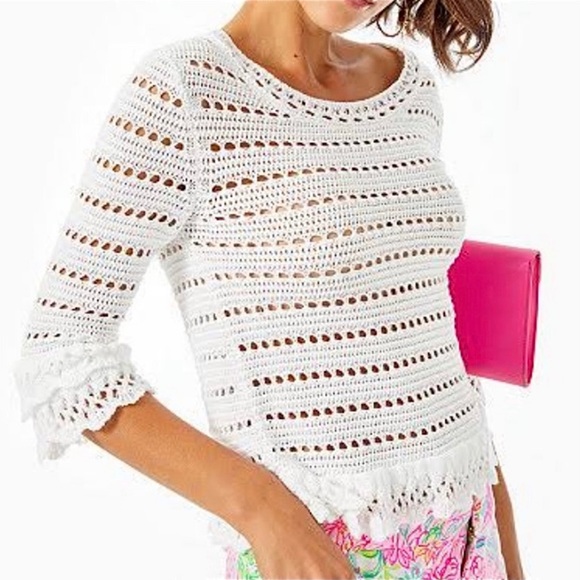 Lilly Pulitzer Sweaters - Lilly Pulitzer White Irina Cotton Ruffle Sleeve Open Knit Sweater Size Small